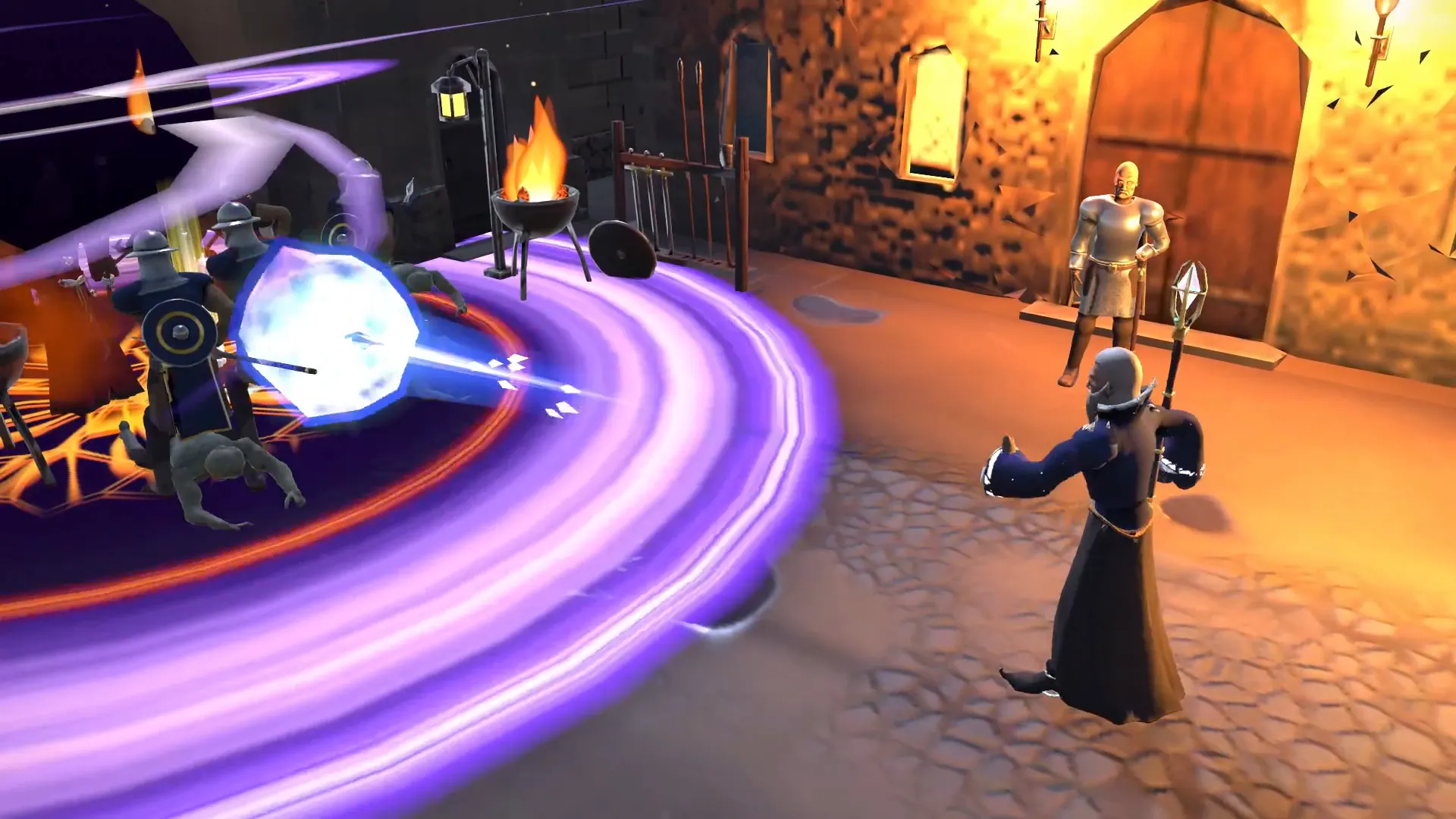 Le Mage lance un orbe arcanique qui trace un large sillage violet dans les rues de Hollowmere