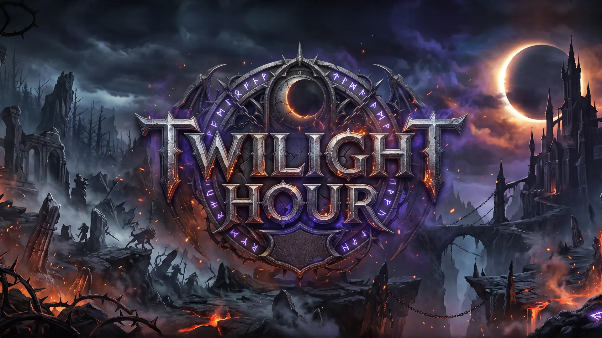Visuel principal de Twilight Hour : l'emblème du jeu sous une éclipse, au-dessus d'un royaume de dark fantasy en flammes aux flèches en ruine