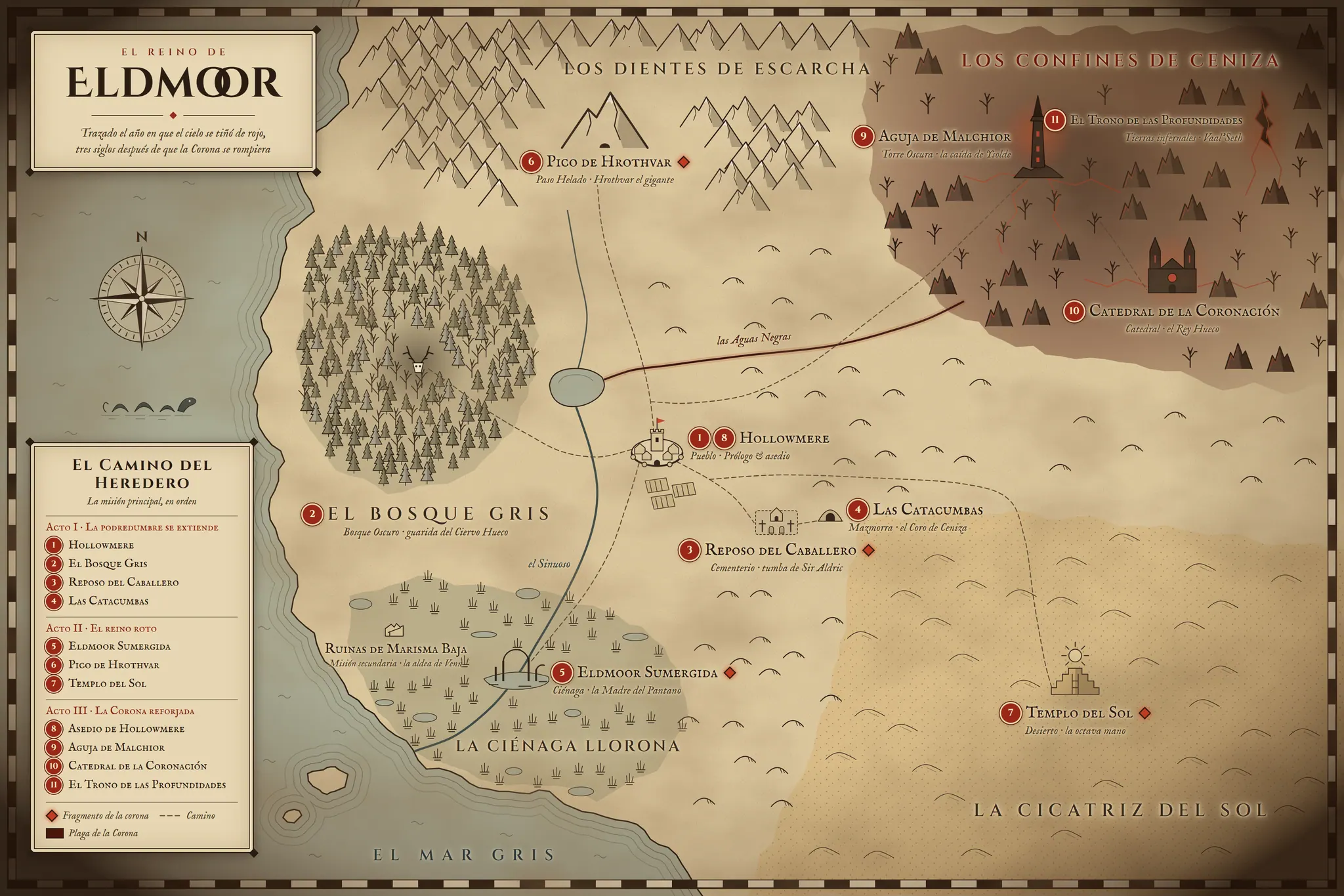 Mapa del reino de Eldmoor: Hollowmere en el centro, el Bosque Gris, el Reposo del Caballero, las Catacumbas, Eldmoor Sumergida, el Pico de Hrothvar, el Templo del Sol, la Aguja de Malchior, la Catedral de la Coronación y el Trono de las Profundidades