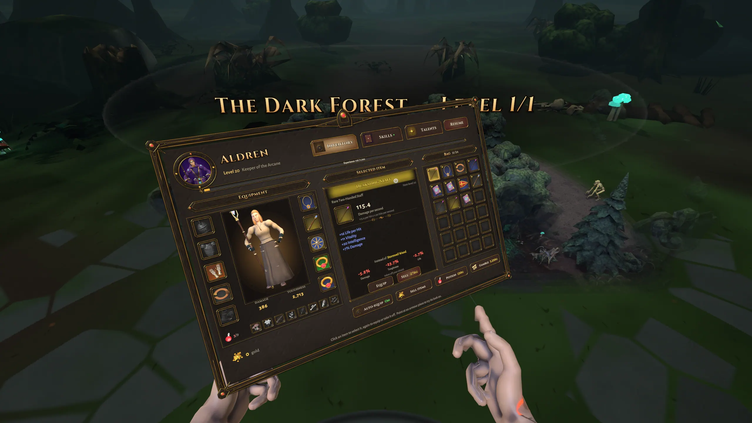 La fiche du personnage tenue dans la main gauche du joueur, au-dessus de la Forêt sombre